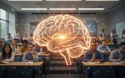 Ein stilisiertes, leuchtendes Gehirn aus digitalen Linien vor einem verschwommenen Hörsaal, das Wissen und den Kampf gegen Desinformation symbolisiert. - Foto: über boerse-global.de