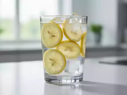 Ein Glas Zitronenwasser mit Zitronenscheiben und Eiswürfeln auf einem modernen Tisch. - Foto: über boerse-global.de