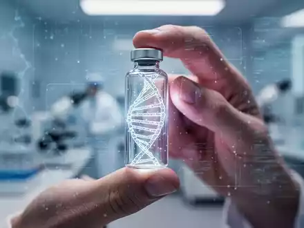 Nahaufnahme einer Hand, die ein Glasfläschchen mit einer leuchtenden DNA-Helix und digitalen Datenströmen in einem Labor hält. - Foto: über boerse-global.de