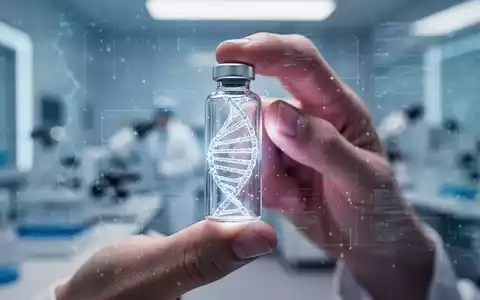 Nahaufnahme einer Hand, die ein Glasfläschchen mit einer leuchtenden DNA-Helix und digitalen Datenströmen in einem Labor hält. - Foto: über boerse-global.de