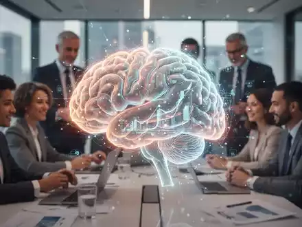 Ein stilisiertes, leuchtendes Gehirn überlagert eine Gruppe von Fachleuten, die in einem modernen Büro zusammenarbeiten, umgeben von Datenvisualisierungen. - Foto: über boerse-global.de