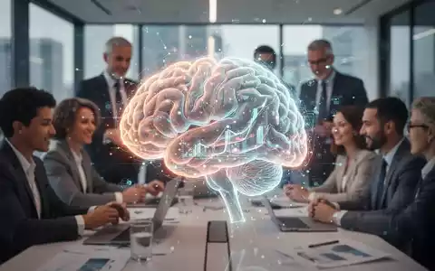 Ein stilisiertes, leuchtendes Gehirn überlagert eine Gruppe von Fachleuten, die in einem modernen Büro zusammenarbeiten, umgeben von Datenvisualisierungen. - Foto: über boerse-global.de
