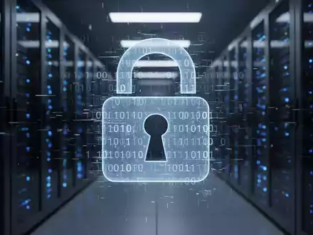 A digital lock icon with binary code and a glitch effect, representing cybersecurity issues. A server room is in the background. - Foto: über boerse-global.de