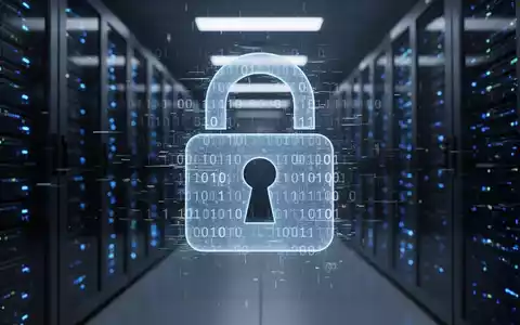 A digital lock icon with binary code and a glitch effect, representing cybersecurity issues. A server room is in the background. - Foto: über boerse-global.de