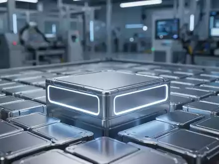 Nahaufnahme einer futuristischen Natrium-Ionen-Batteriezelle mit diffusem Licht in einer High-Tech-Produktionsanlage. - Foto: über boerse-global.de