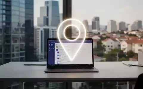 Ein stilisiertes, leuchtendes Standort-Pin-Symbol über einem modernen Büroschreibtisch mit einem Laptop, der Microsoft Teams anzeigt. - Foto: über boerse-global.de