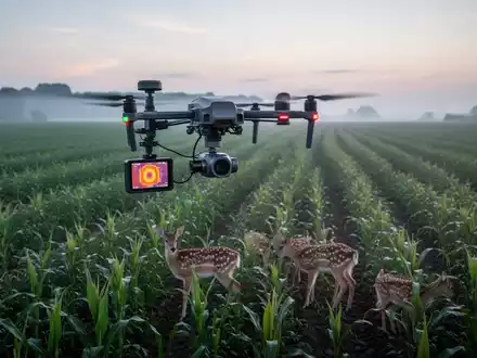 Eine Drohne mit Wärmebildkamera fliegt bei Sonnenaufgang über ein grünes Feld, um Rehkitze vor der Mahd zu finden. - Foto: über boerse-global.de