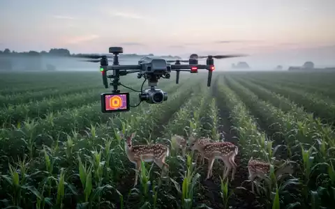 Eine Drohne mit Wärmebildkamera fliegt bei Sonnenaufgang über ein grünes Feld, um Rehkitze vor der Mahd zu finden. - Foto: über boerse-global.de