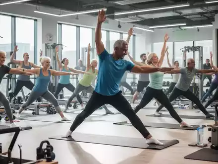 Eine vielfältige Gruppe von Menschen jeden Alters und Geschlechts nimmt an einem Gymnastik- oder Pilates-Kurs teil. - Foto: über boerse-global.de