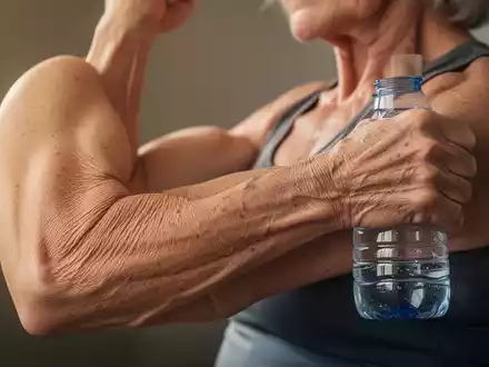 Nahaufnahme des Arms einer Seniorin, die mit einer Wasserflasche trainiert, um die Oberarme zu straffen. - Foto: über boerse-global.de
