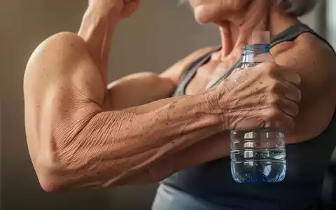Nahaufnahme des Arms einer Seniorin, die mit einer Wasserflasche trainiert, um die Oberarme zu straffen. - Foto: über boerse-global.de