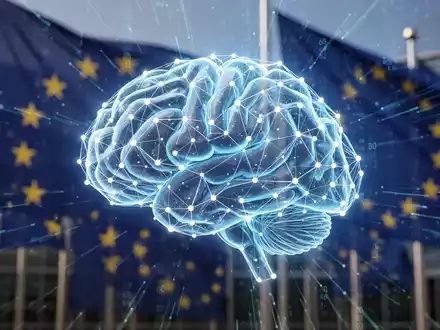 Ein stilisiertes, leuchtendes digitales Gehirn über verschwommenen EU-Flaggen und Datenströmen, das KI-Inhalte und EU-Vorschriften darstellt. - Foto: über boerse-global.de