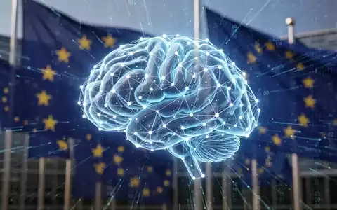 Ein stilisiertes, leuchtendes digitales Gehirn über verschwommenen EU-Flaggen und Datenströmen, das KI-Inhalte und EU-Vorschriften darstellt. - Foto: über boerse-global.de