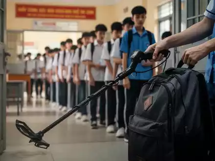 Eine Nahaufnahme einer Hand, die einen Metalldetektor hält und den Rucksack eines Studenten am Eingang einer Prüfungshalle scannt. - Foto: über boerse-global.de