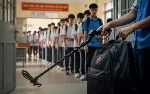 Eine Nahaufnahme einer Hand, die einen Metalldetektor hält und den Rucksack eines Studenten am Eingang einer Prüfungshalle scannt. - Foto: über boerse-global.de