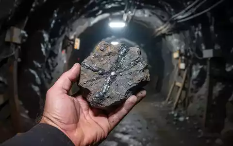 Nahaufnahme einer Hand, die ein Gesteinsmuster mit Wolfram-Erzadern in einem dunklen Minentunnel hält. - Foto: über boerse-global.de