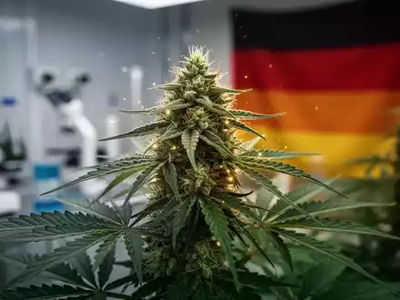 A close-up of a premium, glowing cannabis plant bud with a blurred background of a sterile laboratory and a subtle hint of the German flag. - Foto: über boerse-global.de