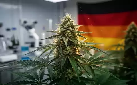 A close-up of a premium, glowing cannabis plant bud with a blurred background of a sterile laboratory and a subtle hint of the German flag. - Foto: über boerse-global.de