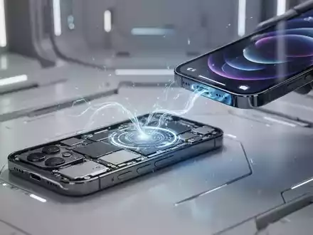 Two iPhones connected by a glowing digital link, one seemingly repairing the other, against a blurred tech background. - Foto: über boerse-global.de