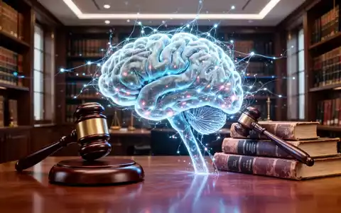 A glowing AI brain intertwining with a gavel and law books in a modern library, symbolizing AI's impact on the legal field. - Foto: über boerse-global.de