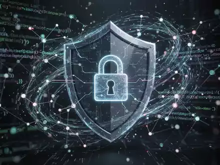 Abstrakte Darstellung von Cybersicherheit: leuchtende Codezeilen, Netzwerkknoten und ein stilisiertes Vorhängeschloss, umgeben von einem digitalen Schutzschild. - Foto: über boerse-global.de