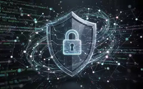 Abstrakte Darstellung von Cybersicherheit: leuchtende Codezeilen, Netzwerkknoten und ein stilisiertes Vorhängeschloss, umgeben von einem digitalen Schutzschild. - Foto: über boerse-global.de