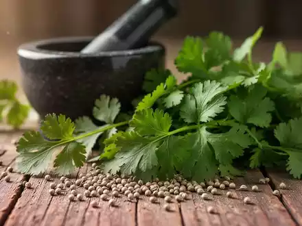 Frische Korianderblätter und Samen auf einem Holztisch, im Hintergrund ein Mörser und Stößel, für traditionelle Heilmittel. - Foto: über boerse-global.de