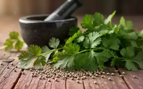 Frische KorianderblĂ€tter und Samen auf einem Holztisch, im Hintergrund ein Mörser und StöĂel, fĂŒr traditionelle Heilmittel. - Foto: ĂŒber boerse-global.de