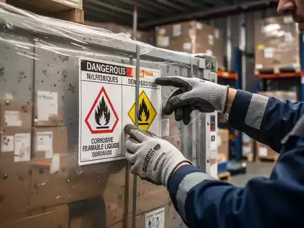 Hände eines LKW-Fahrers mit Sicherheitshandschuhen, die ein Gefahrgutetikett auf einem Frachtcontainer prüfen. - Foto: über boerse-global.de