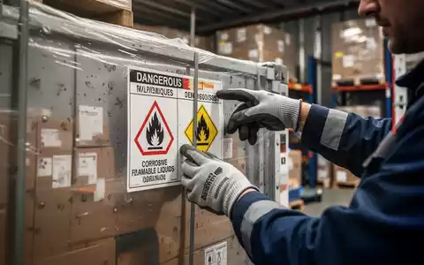 Hände eines LKW-Fahrers mit Sicherheitshandschuhen, die ein Gefahrgutetikett auf einem Frachtcontainer prüfen. - Foto: über boerse-global.de