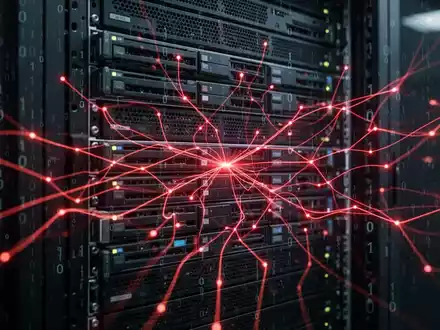 Abstract depiction of a digital threat, with glowing red lines on a dark server rack and binary code overlay. - Foto: über boerse-global.de
