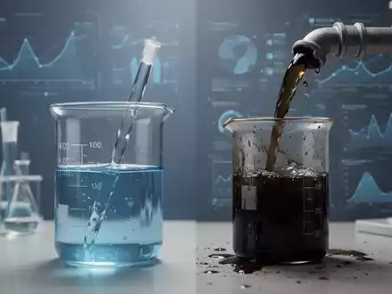 Ein klares Glasgefäß mit blauem Wasser, daneben ein dunkles, trübes Wasser, das aus einem Rohr fließt. Laborelemente im Hintergrund. - Foto: über boerse-global.de