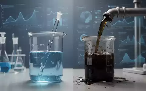 Ein klares Glasgefäß mit blauem Wasser, daneben ein dunkles, trübes Wasser, das aus einem Rohr fließt. Laborelemente im Hintergrund. - Foto: über boerse-global.de