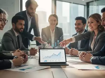 Geschäftsleute besprechen Gehaltsdaten auf einem Tablet in einem modernen Büro, symbolisierend Entgelttransparenz und neue EU-Richtlinien. - Foto: über boerse-global.de