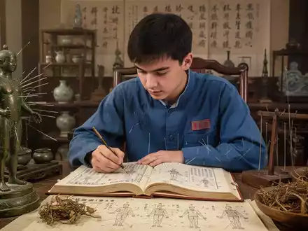 Ein junger deutscher Lehrling studiert TCM-Texte, umgeben von chinesischen Artefakten und Kräutern, Fokus auf kulturellen Austausch. - Foto: über boerse-global.de