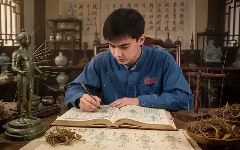 Ein junger deutscher Lehrling studiert TCM-Texte, umgeben von chinesischen Artefakten und Kräutern, Fokus auf kulturellen Austausch. - Foto: über boerse-global.de