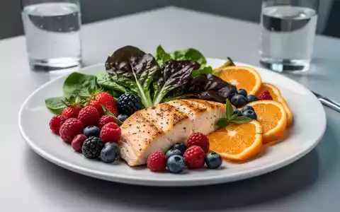 Ein Teller mit einer gesunden Mahlzeit, bestehend aus Fisch, Beeren, grünem Blattgemüse und Zitrusfrüchten, auf einem Tisch. - Foto: über boerse-global.de
