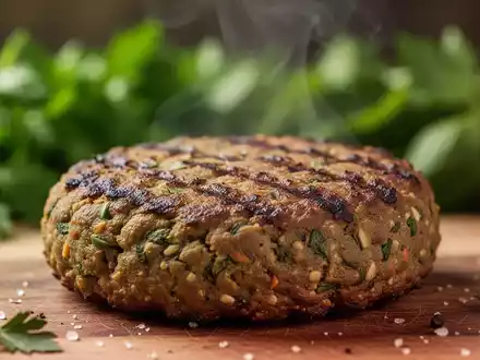Nahaufnahme eines perfekt gegrillten pflanzlichen Burger-Pattys, das leicht dampft, mit unscharfem Hintergrund aus frischen Kräutern. - Foto: über boerse-global.de