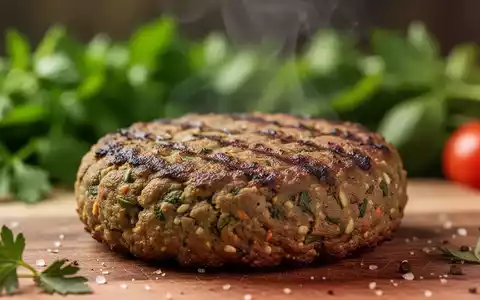 Nahaufnahme eines perfekt gegrillten pflanzlichen Burger-Pattys, das leicht dampft, mit unscharfem Hintergrund aus frischen Kräutern. - Foto: über boerse-global.de