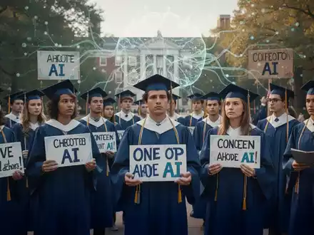 Recent university graduates in caps and gowns, some holding signs about AI, on a campus. A subtle AI graphic is in the background. - Foto: über boerse-global.de