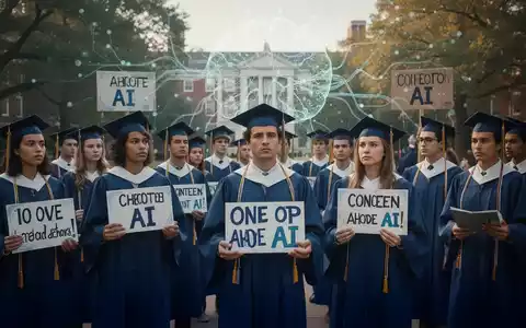 Recent university graduates in caps and gowns, some holding signs about AI, on a campus. A subtle AI graphic is in the background. - Foto: über boerse-global.de