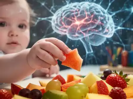 Eine Babyhand greift nach einem Stück Obst, im Hintergrund verschwommen angedeutete neuronale Muster. - Foto: über boerse-global.de