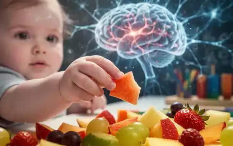 Eine Babyhand greift nach einem Stück Obst, im Hintergrund verschwommen angedeutete neuronale Muster. - Foto: über boerse-global.de