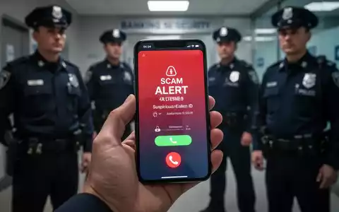 Nahaufnahme einer Hand, die ein Smartphone hält, mit einem Betrugshinweis auf dem Bildschirm und unscharfen Polizeibeamten im Hintergrund. - Foto: über boerse-global.de
