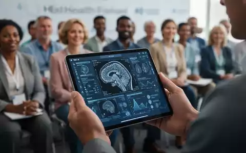 Nahaufnahme von Händen, die ein Tablet mit medizinischen Daten halten, im Hintergrund verschwommen ein Gesundheitsforum. - Foto: über boerse-global.de