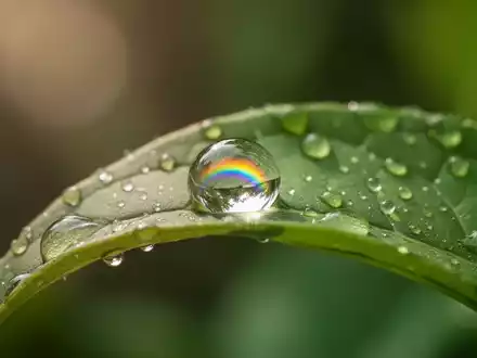 Ein Nahaufnahme einer einzelnen Tautropfen, der einen winzigen Regenbogen auf einem grünen Blatt reflektiert. - Foto: über boerse-global.de