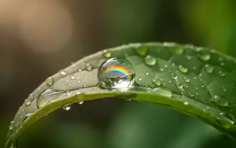 Ein Nahaufnahme einer einzelnen Tautropfen, der einen winzigen Regenbogen auf einem grünen Blatt reflektiert. - Foto: über boerse-global.de