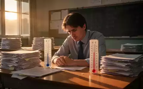 Eine müde Lehrkraft sitzt in einem warmen Klassenzimmer, umgeben von Papierstapeln, die Überlastung und Stress symbolisieren. - Foto: über boerse-global.de