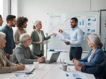 Eine Gruppe von Menschen, die in einem Finanzbildungs-Workshop einem Berater zuhören, der auf ein Whiteboard zeigt. - Foto: über boerse-global.de