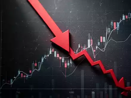 Roter Pfeil zeigt steil nach unten durch einen fallenden Finanzgraphen, der einen erheblichen Aktienkursrückgang symbolisiert. - Foto: über boerse-global.de